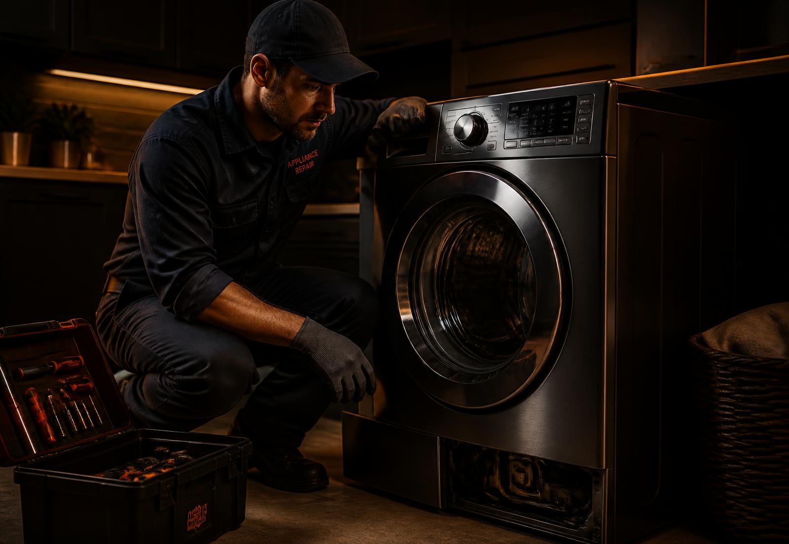 Appliance technician repairing a washing machine
